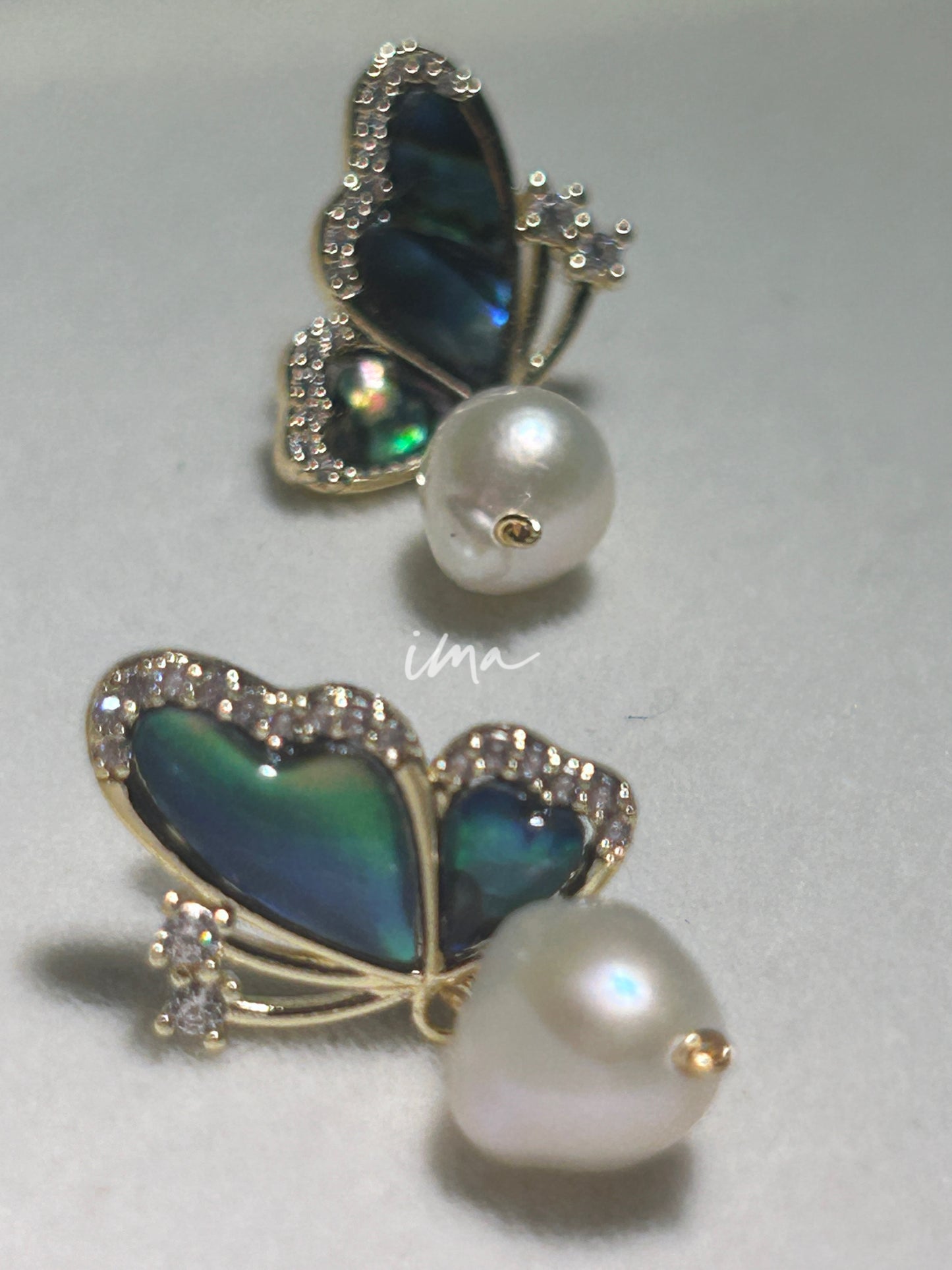 Abalone shell butterfly pearl stud earrings