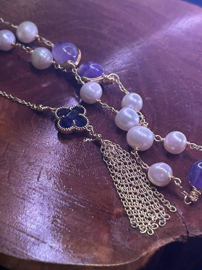 Amethyst pearl four-leaf clover clavicle chain