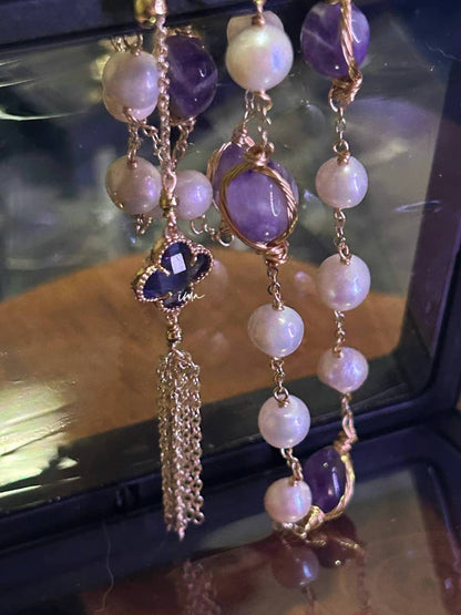 Amethyst pearl four-leaf clover clavicle chain