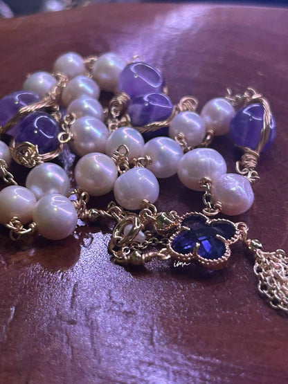 Amethyst pearl four-leaf clover clavicle chain